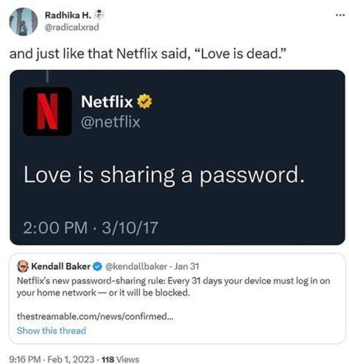 A tweet about the Netflix series Love is Blind and Tiger King.
