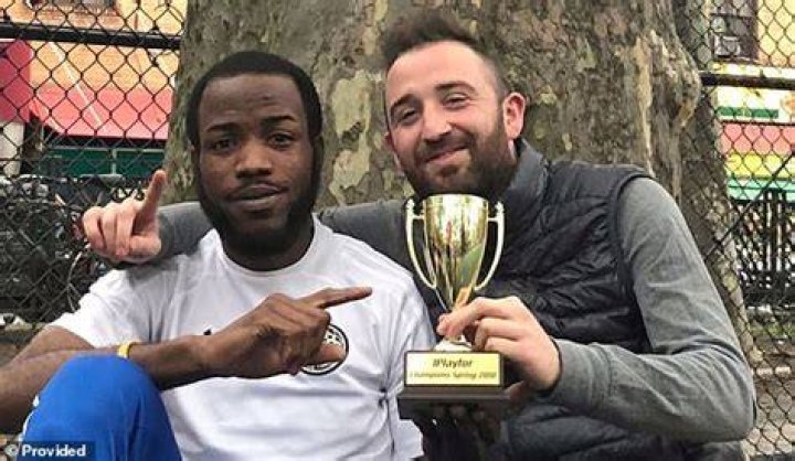 Akeem Loney is pictured left with his coach Reed Fox who described him as 'one of the best street soccer players I've ever seen.' He was fatally stabbed in the neck at Penn Station the day before Jirajariyawetch was brutalized