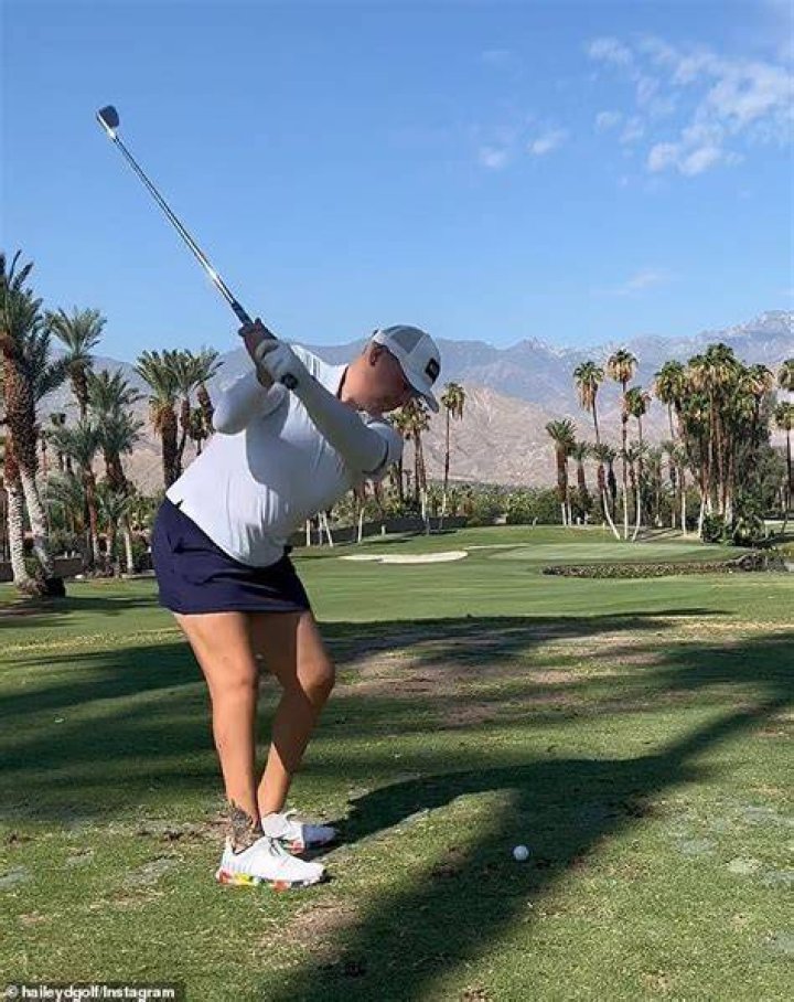 Davidson, pictured practicing before the tournament began, shot a 70 in the first round at the Shadow Ridge Golf Club in Palm Desert California, on Thursday, and hit a 76 during the second round on Friday. The third round will be held over the weekend
