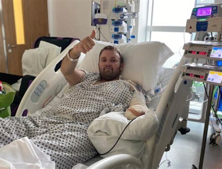 He suffered life-changing injuries when the forks of his £2,300 all-terrain gravel bike 'sheared in two' as he rode through the hospital where his girlfriend worked in Inverness, Scotland, in July 2020