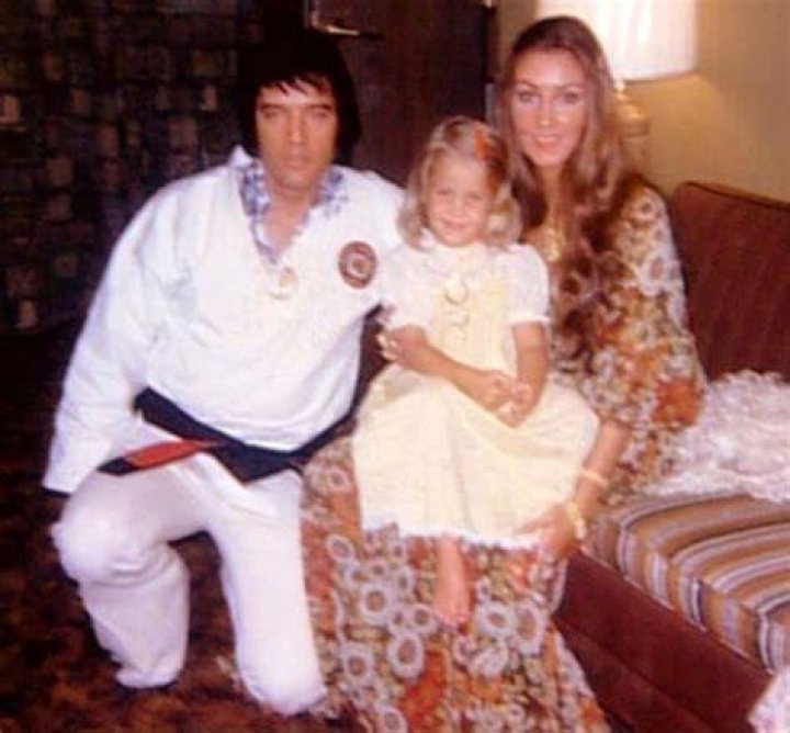 Linda Thompson, Elvis Presley and Priscilla Presley in side by side photographs taken in 1974.
