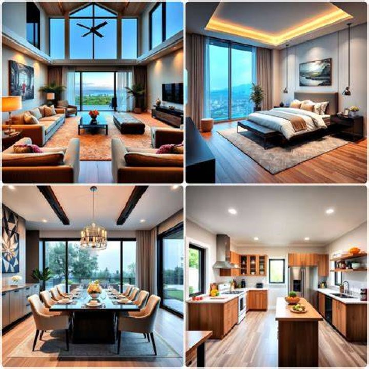 One of the rooms is staged as a piano room with built-in shelving, floor-to-ceiling windows and leather furniture.