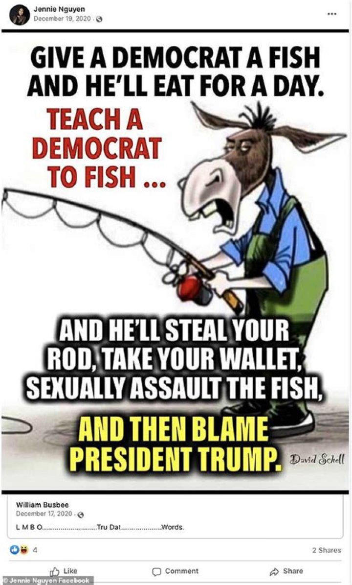 Political: Other alleged posts shared by Nguyen depict anti-vaxx beliefs and conspiracy theories that Biden stole the election