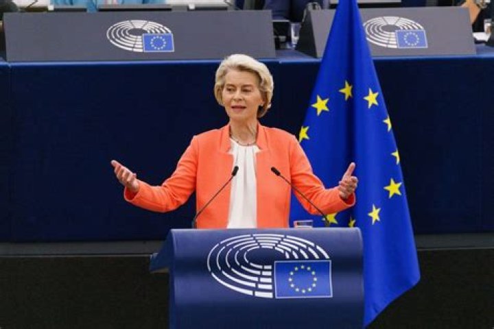 President of the European Commission Ursula von der Leyen (L), President of the European Council Charles Michel (C) and France's President Emmanuel Macron (R)