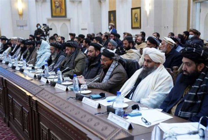 Taliban officials are seen as spokesperson Zabihullah Mujahid holds a press conference in Kabul, Afghanistan on September 7, 2021