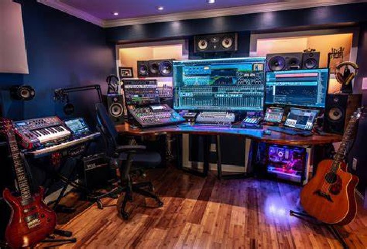 The in-home recording studio has green tiled walls and floor-to-ceiling windows.
