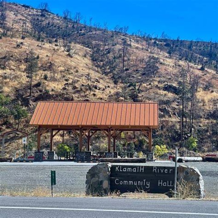 The Klamath River Community Hall is seen destroyed by the McKinney Fire in the community of Klamath River, California, on Saturday