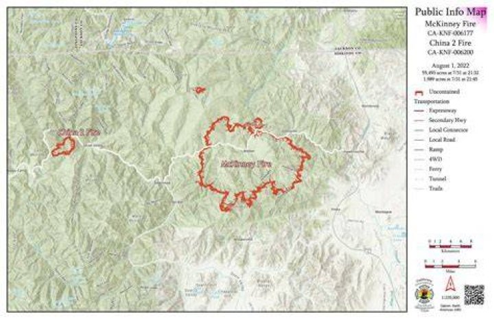 The McKinney Fire burns near Yreka, California, as it ravaged 62 square miles of vegetation, destroying a dozen homes and forcing local residents to evacuate