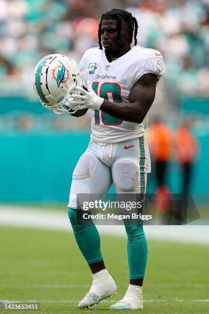 Tyreek Hill looks on during training camp at Baptist Health Training Complex on July 27, 2022, in Miami Gardens, Florida. | Source: Getty Images